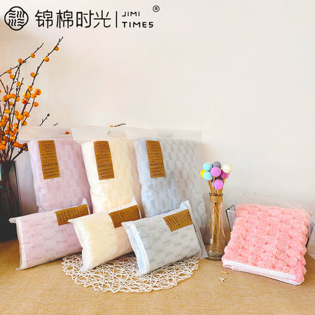 Pink Cloud Grid Coral Velvet Face & Bath Towel Set Lint-Free Salon Use 35*75cm