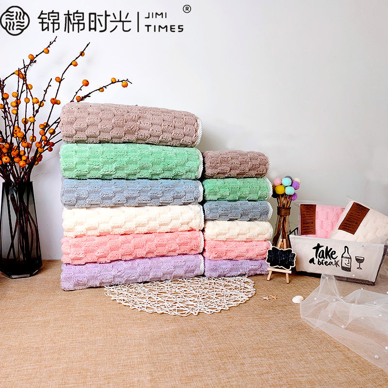 Cloud Grid Coral Velvet Face & Bath Towel Set Lint-Free Salon Use