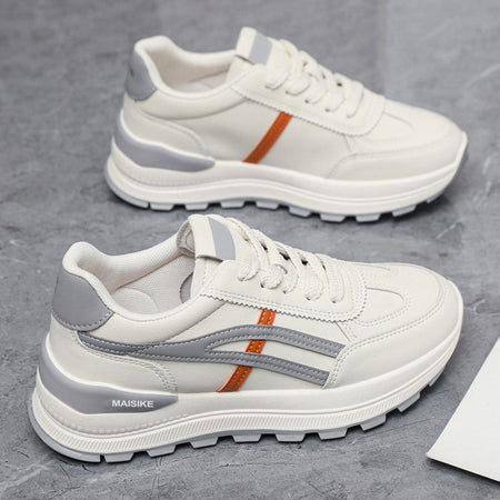D03 Leather-Gray Women's Soft Leather White Casual Sneakers All-Match Style