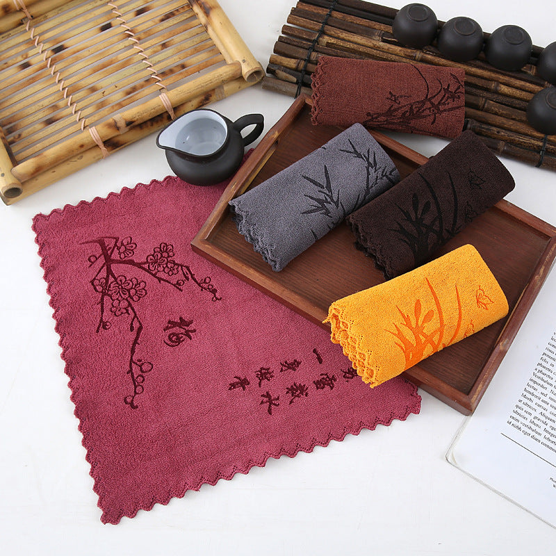 Yellow Ultra-Fine Fiber Chinese Style Tea Towel Square Absorbent Cleaning Cloth 30*30