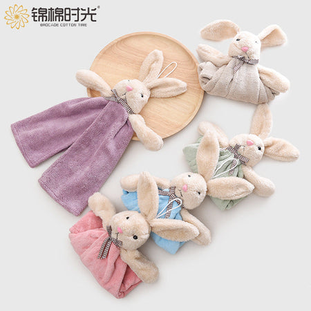Sky blue Cute Rabbit Coral Fleece Hand Towel for Kids Kitchen Use Hanging 30*30