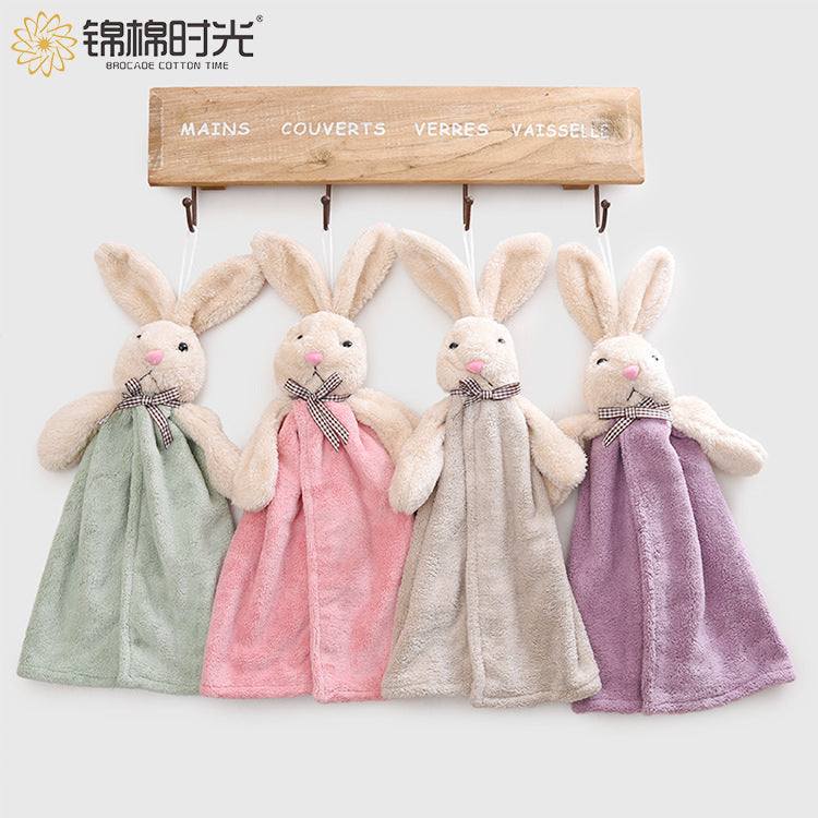 Cute Rabbit Coral Fleece Hand Towel for Kids Kitchen Use Hanging