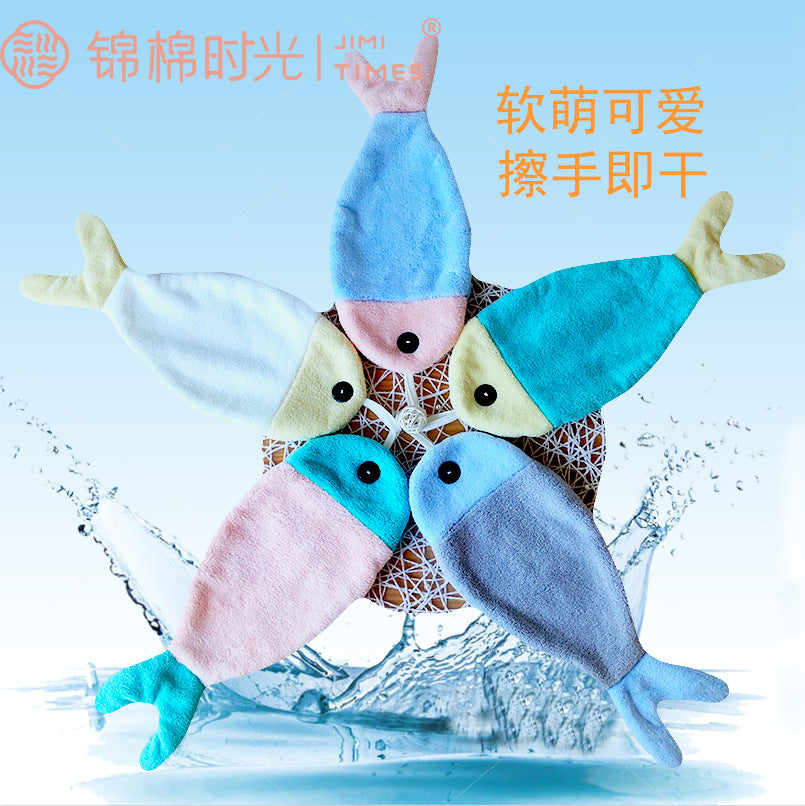 Cartoon Fish Coral Fleece Hand Towel with Hook for Kids Use