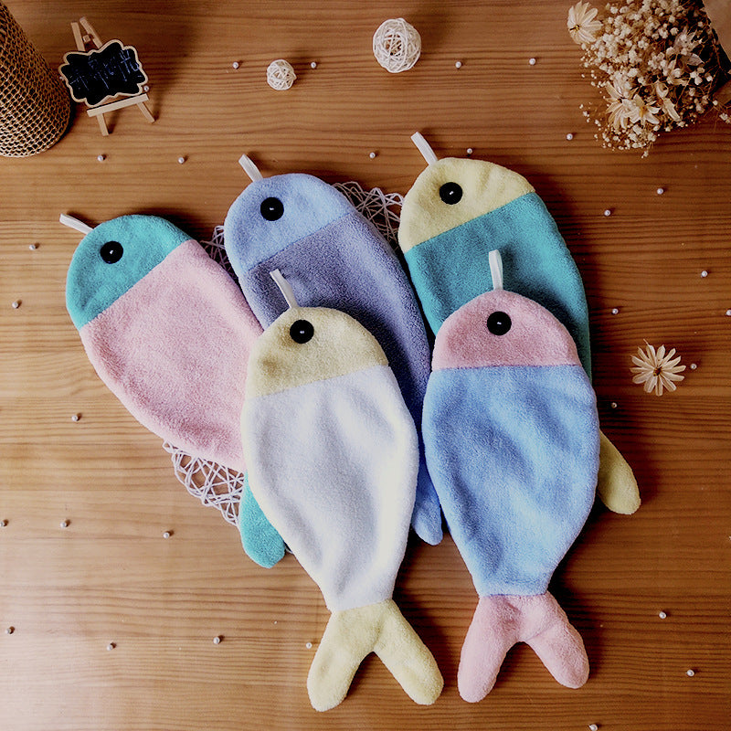 Azure Cartoon Fish Coral Fleece Hand Towel with Hook for Kids Use 17*40cm