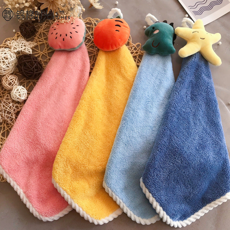 Yellow Hanging Cartoon Coral Fleece Hand Towel for Kitchen & Home Use
