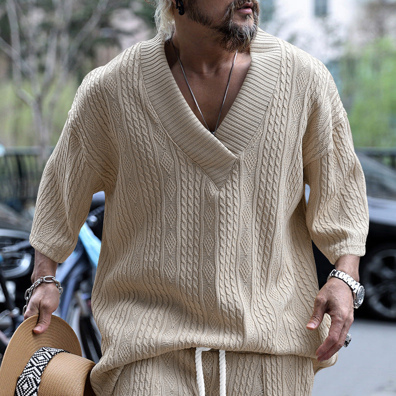 Men's Casual V-Neck Knit Short Sleeve Loose Fit T-Shirt