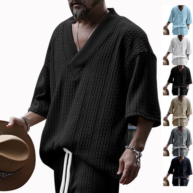 Men's Casual V-Neck Knit Short Sleeve Loose Fit T-Shirt