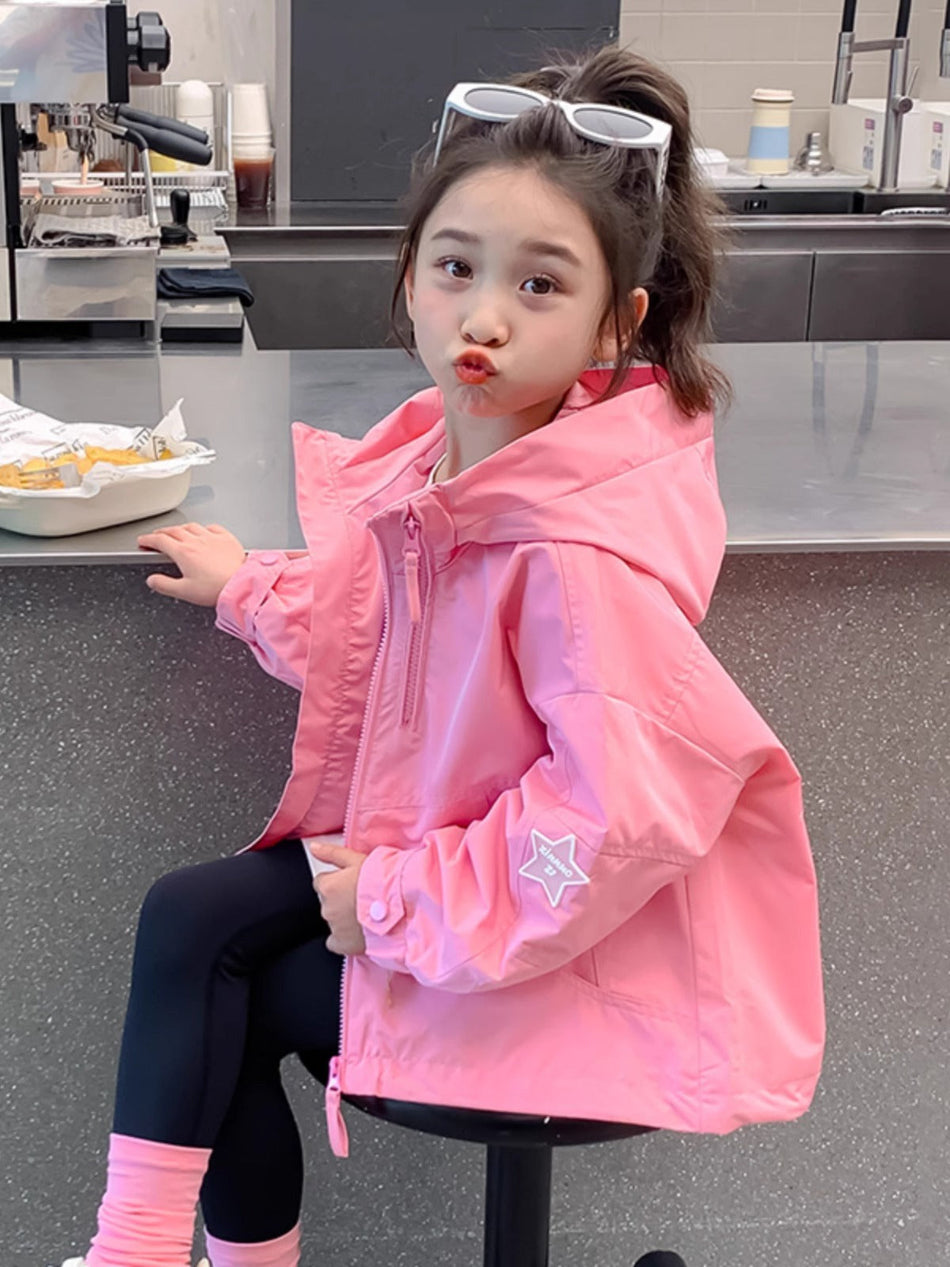 Girls Hooded Autumn Windbreaker Jacket with Double Zipper