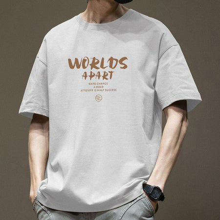 White Men's Combed Cotton Letter Print Loose Fit Crew Neck T-Shirt