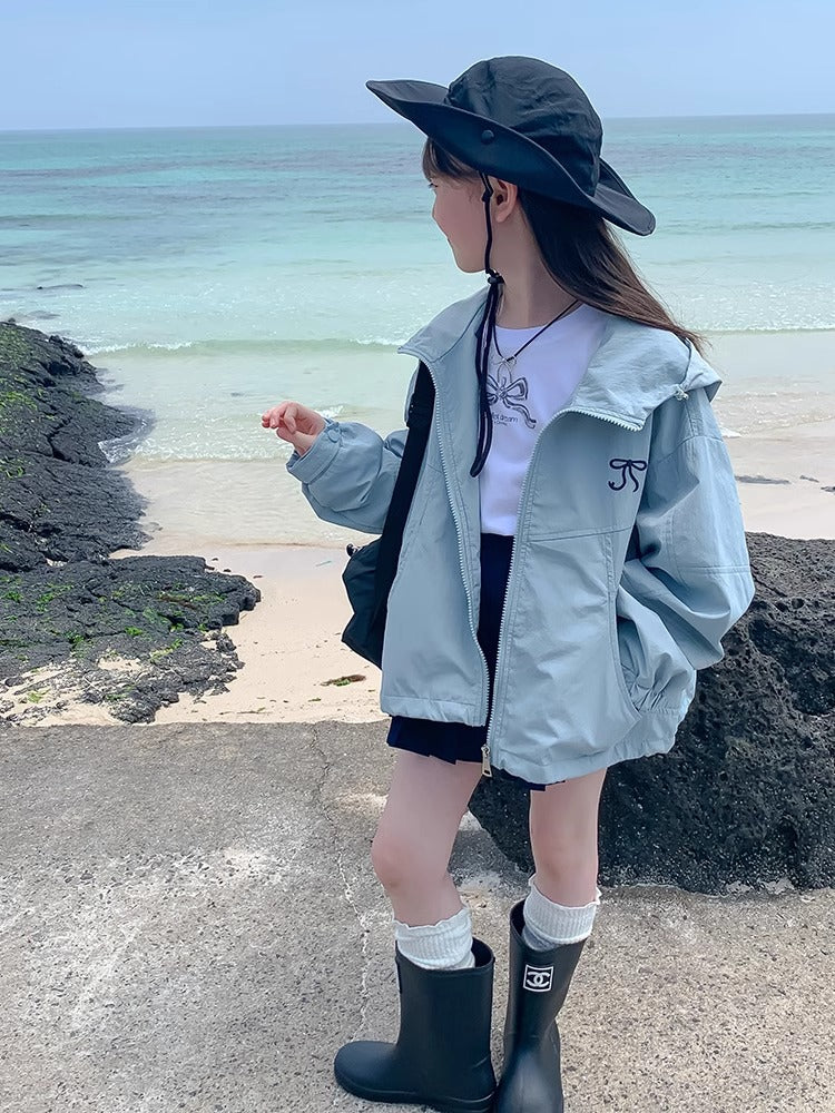 Girls Hooded Bow Detail Jacket Casual Spring Outerwear