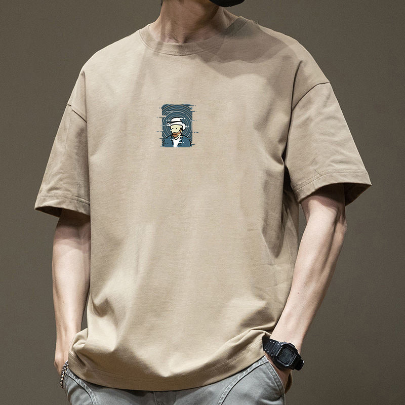 White Men's Retro Cotton Graphic Loose Fit Crew Neck Streetwear T-Shirt