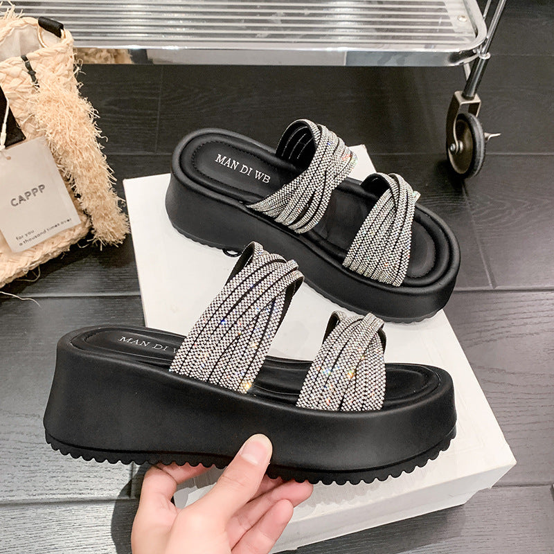 Women's Rhinestone Wedge Sandals Thick Sole Beach Shoes