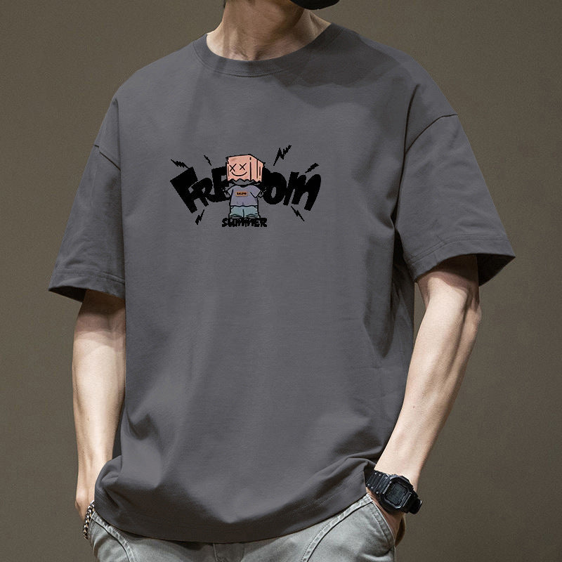 White Men's Heavyweight Cotton Graphic Loose Fit Crew Neck T-Shirt