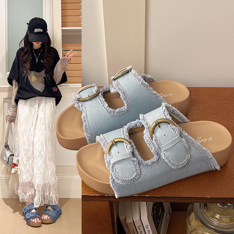 Dark blue Women's Denim Platform Sandals Non-Slip Casual Summer Shoes