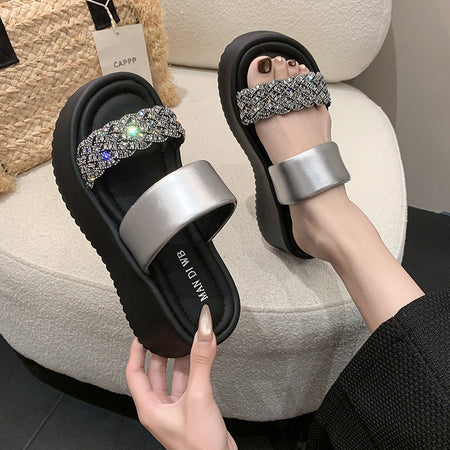 Black Women's Rhinestone Platform Slide Sandals Open-Toe Beach Shoes