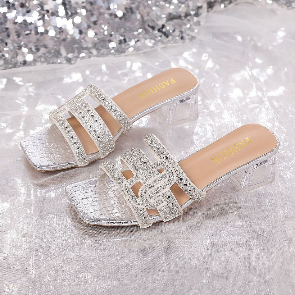 Women's Full Rhinestone Sandals Transparent Block Heel Slides