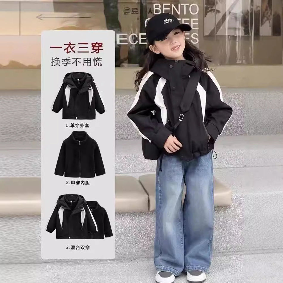 Girls Hooded Three-in-One Windbreaker Jacket Autumn Outerwear