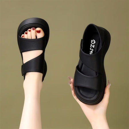 black Women's Roman Style Platform Sandals Soft Sole Beach Shoes