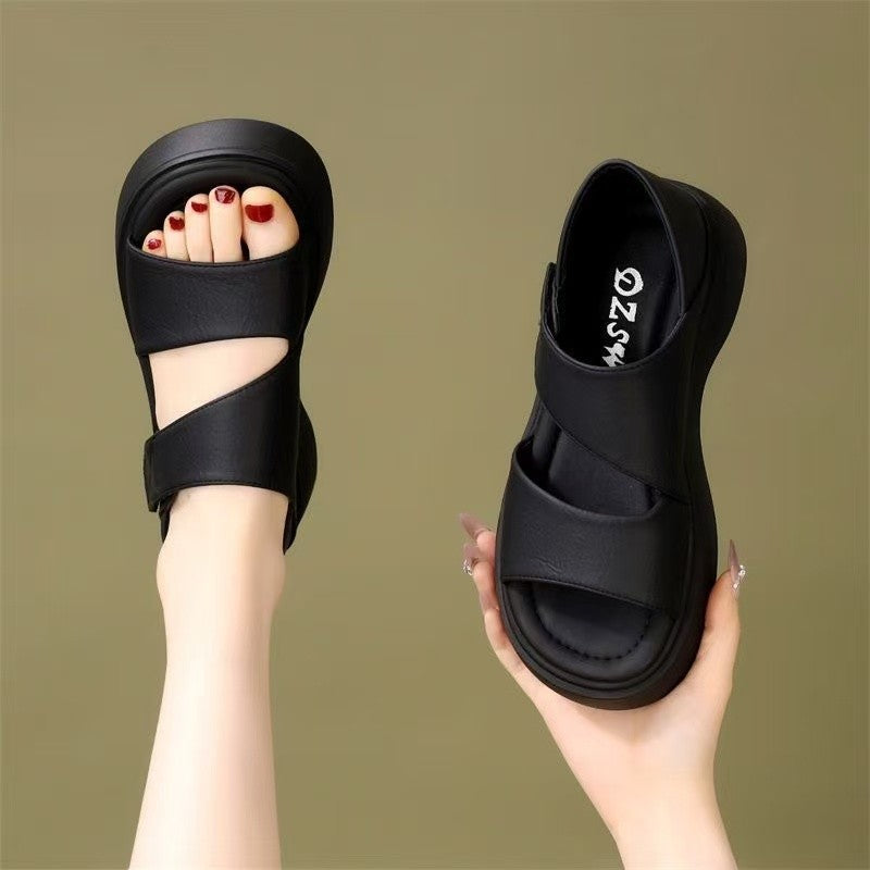 black Women's Roman Style Platform Sandals Soft Sole Beach Shoes