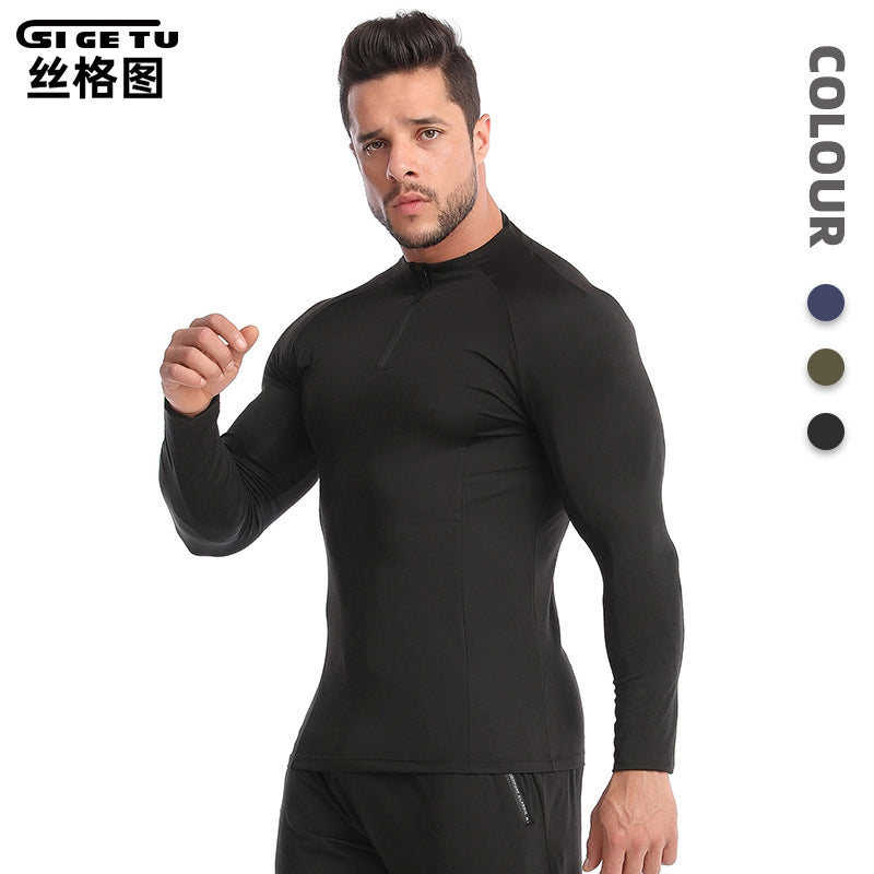 Black Men's Quick-Dry Half Zip Compression Long Sleeve Sports Shirt
