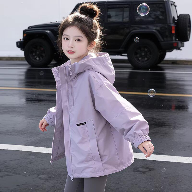 Girls Hooded Spring Windbreaker Jacket Casual Sports Outerwear