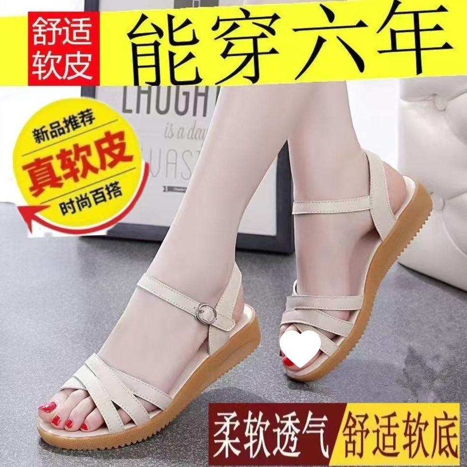 Women's Soft Leather Flat Sandals Non-Slip Summer Shoes
