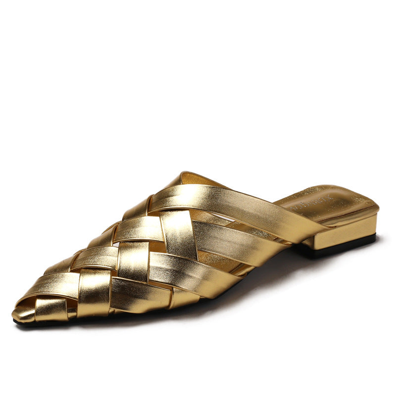 Women's Woven Pointed Toe Mules Thick Heel Summer Sandals