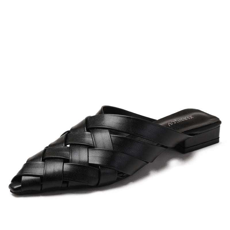 Black Women's Woven Pointed Toe Mules Thick Heel Summer Sandals