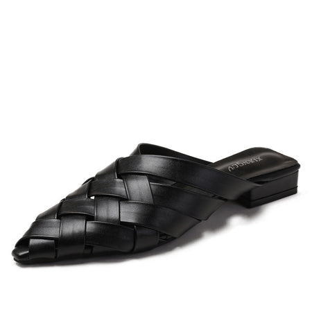 Black Women's Woven Pointed Toe Mules Thick Heel Summer Sandals