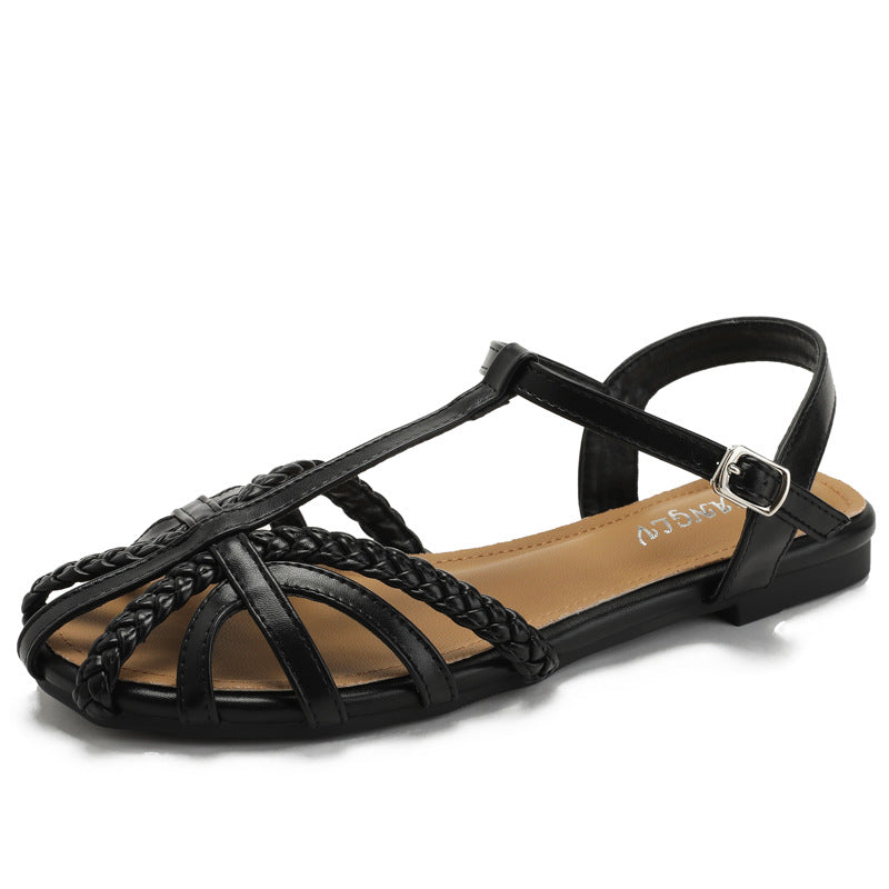Women's Woven Retro Flat Roman Sandals Hollow Buckle Shoes