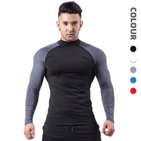 Black Men's Quick-Dry Mock Neck Compression Long Sleeve Shirt