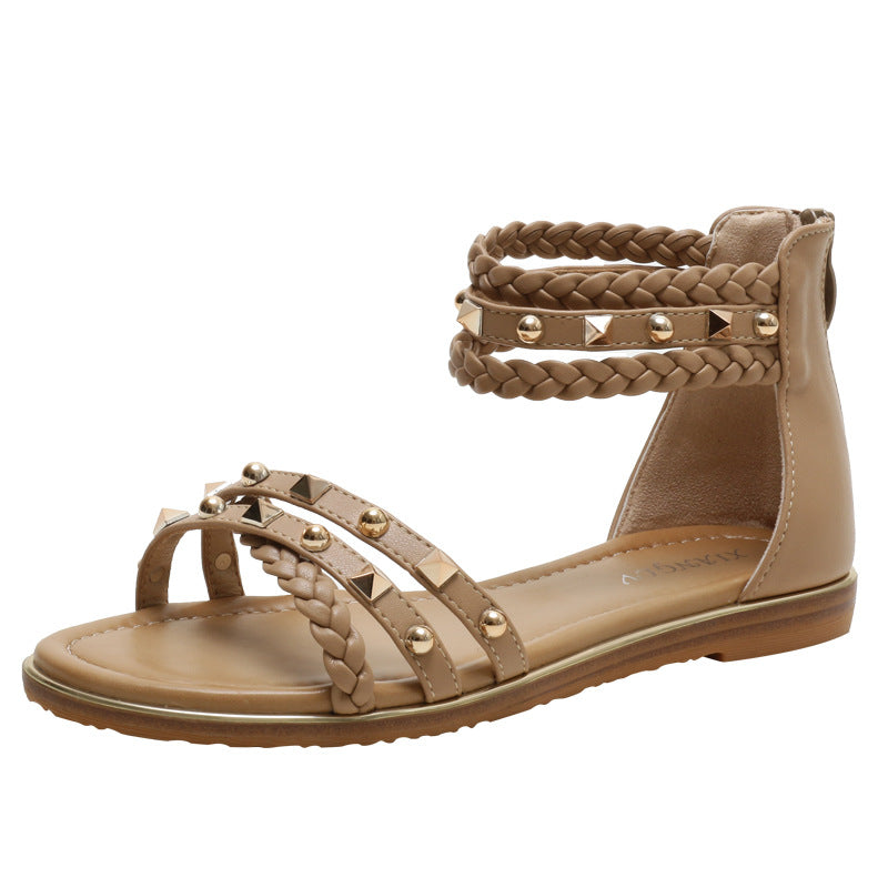 Black Women's Rivet Roman Flat Sandals Fairy Style Summer Shoes