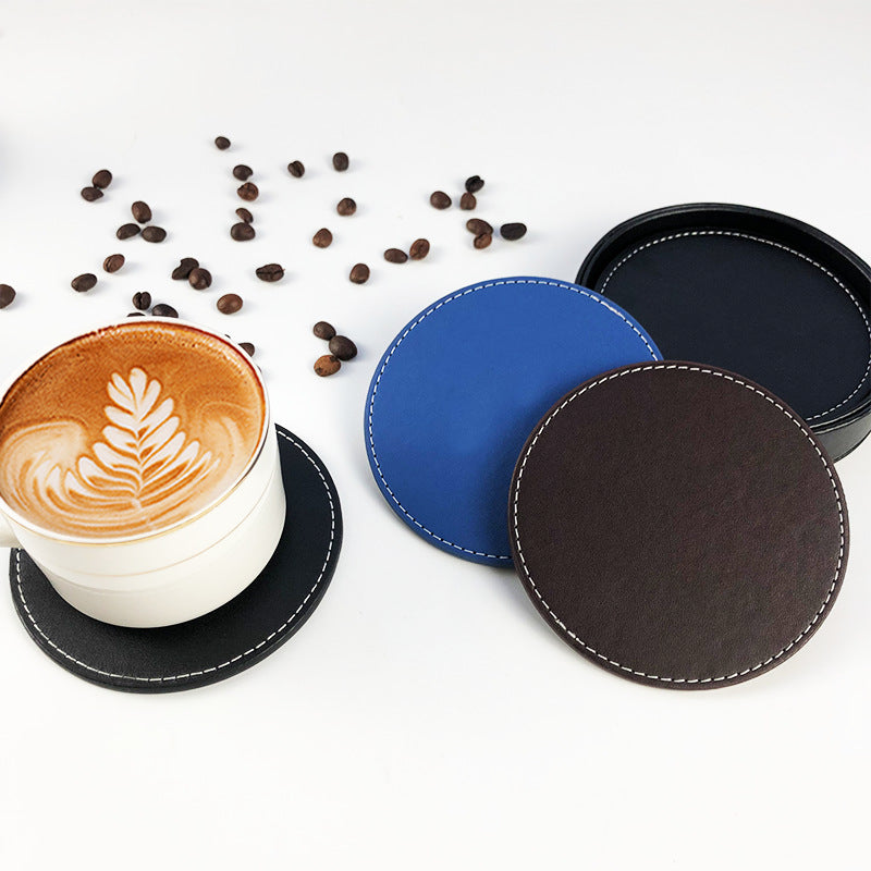 Black base PU Leather Double-Sided Logo Cup Mat Heat Insulation Coaster Set