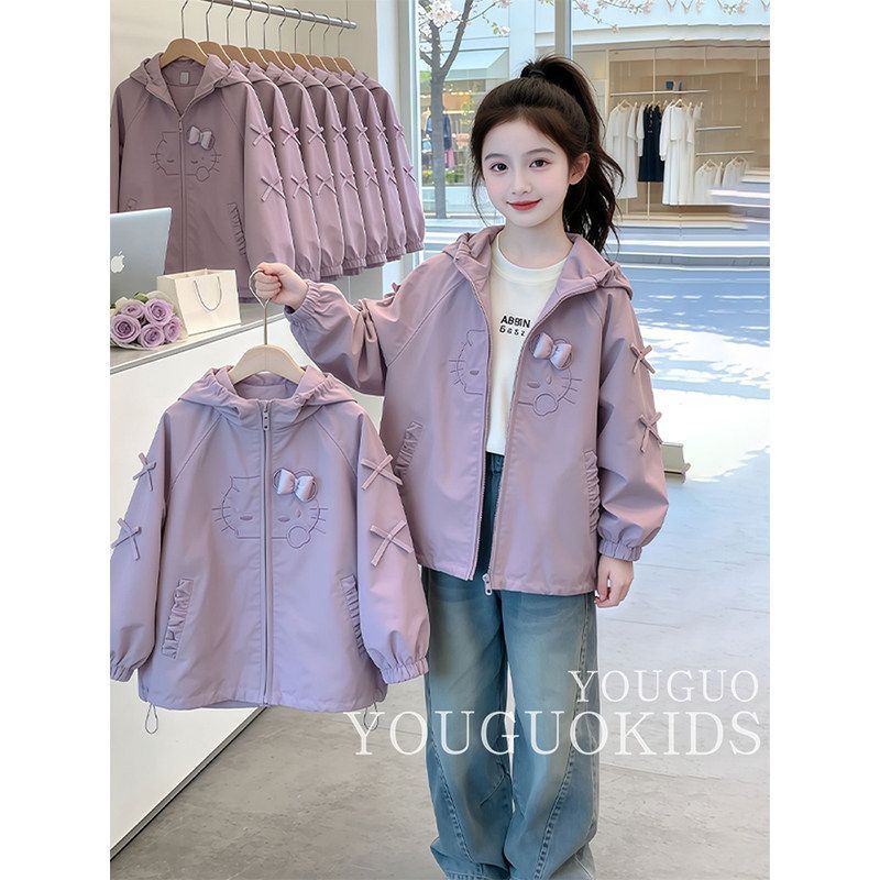 Girls Hooded Casual Spring Jacket Embroidered Cat Coat