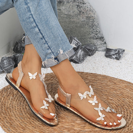 light brown Women's Butterfly Rhinestone Flat Sandals Soft Sole Beach Shoes