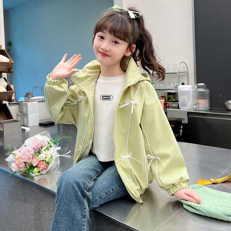 Girls Sweet Bow Detail Windbreaker Jacket Autumn Coat