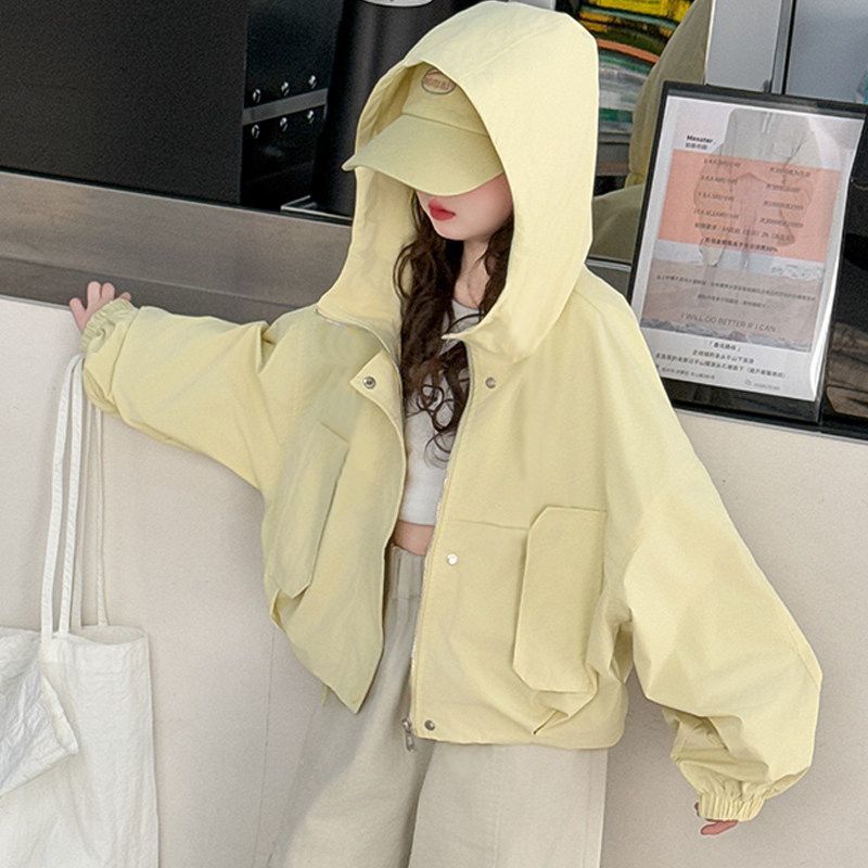 Girls Hooded Solid Color Windbreaker Jacket Spring Coat