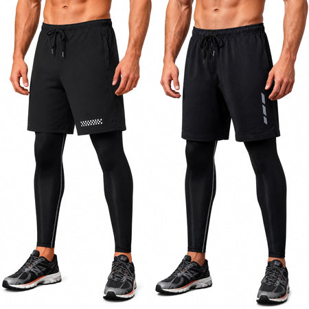 Black Men's Quick-Dry Sports Shorts & Compression Pants Set