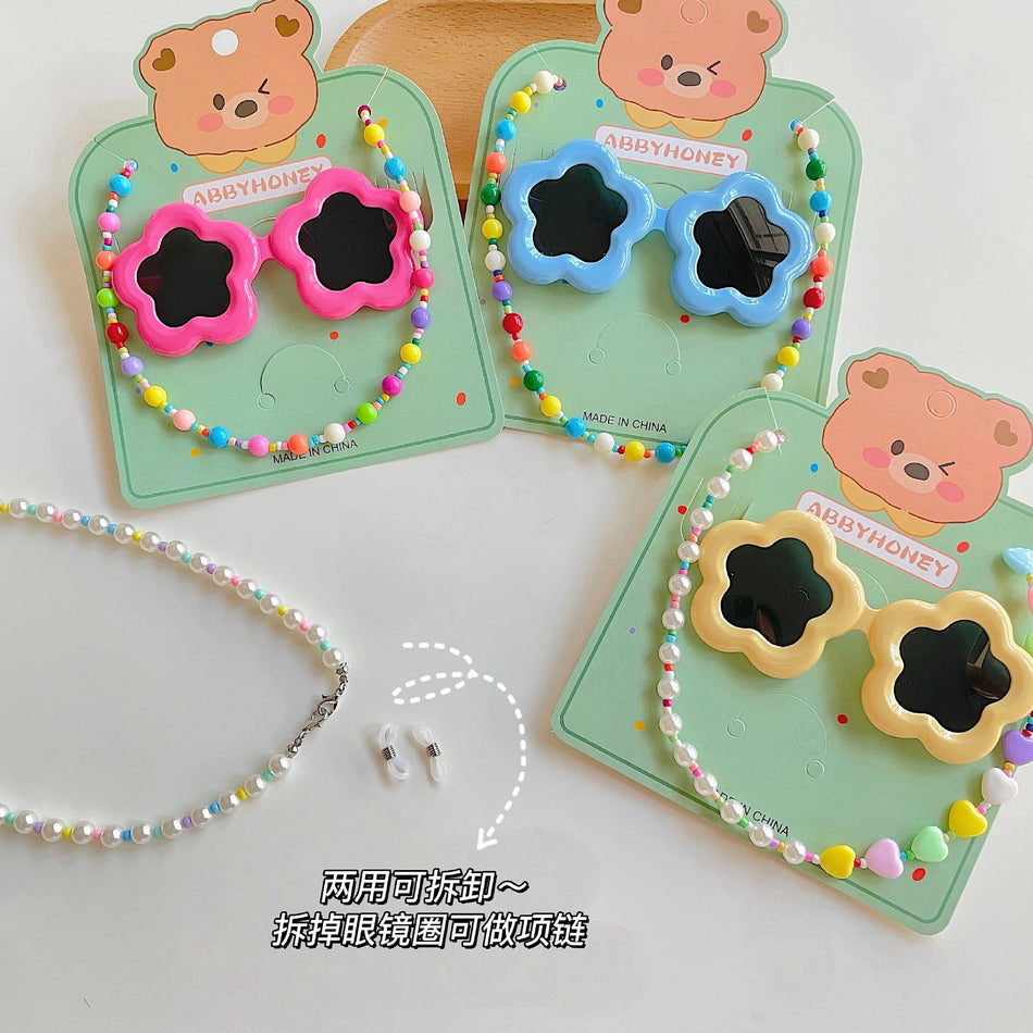 Kids Flower Cat-Eye UV400 Sunglasses Chain Set