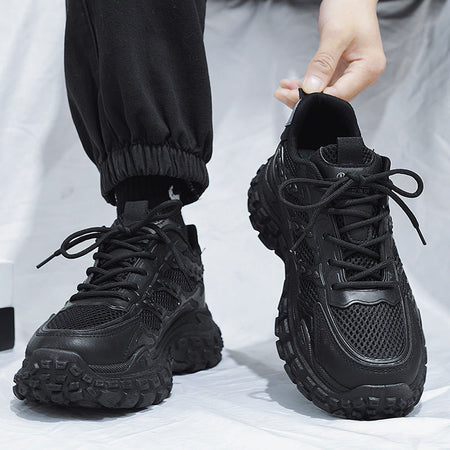 Black Men's Breathable Thick-Sole Dad Sneakers for Sports & Casual Wear