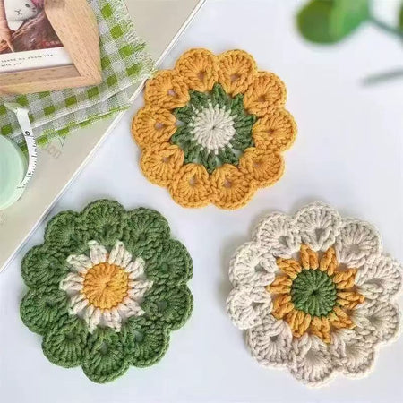 Small round Handmade Wool Crochet Flower Coaster Cute Insulation Placemat 8Pc