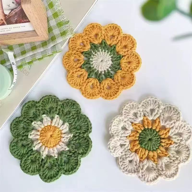 Small round Handmade Wool Crochet Flower Coaster Cute Insulation Placemat 8Pc