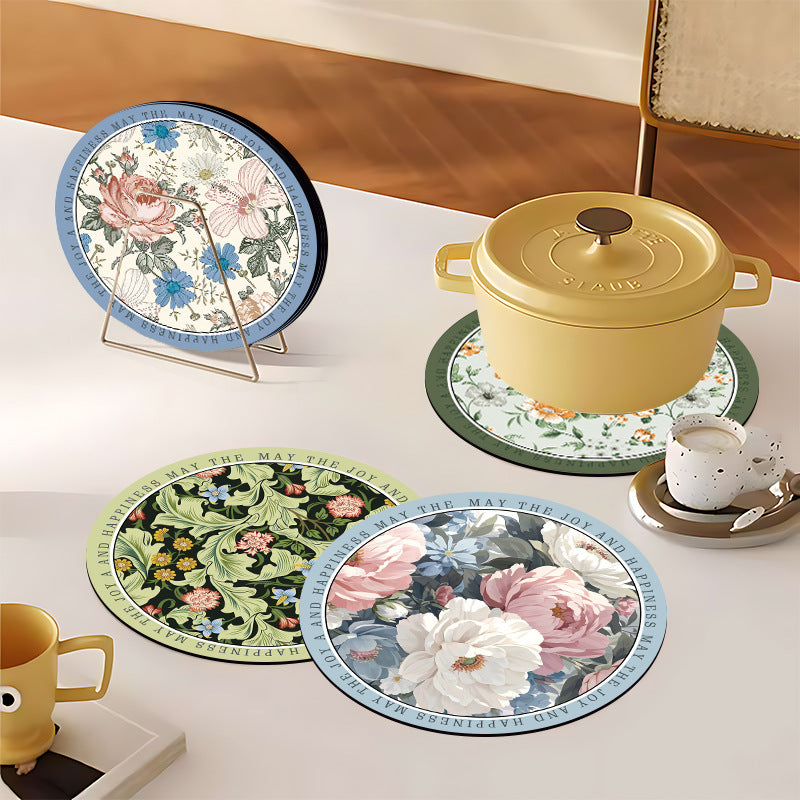 Floral Round Heat-Resistant Coaster Set Water-Absorbent Non-Slip