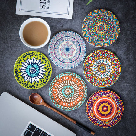 Sunlight mandala Ceramic Mandala Round Tea Coaster Heat-Resistant Table Mat