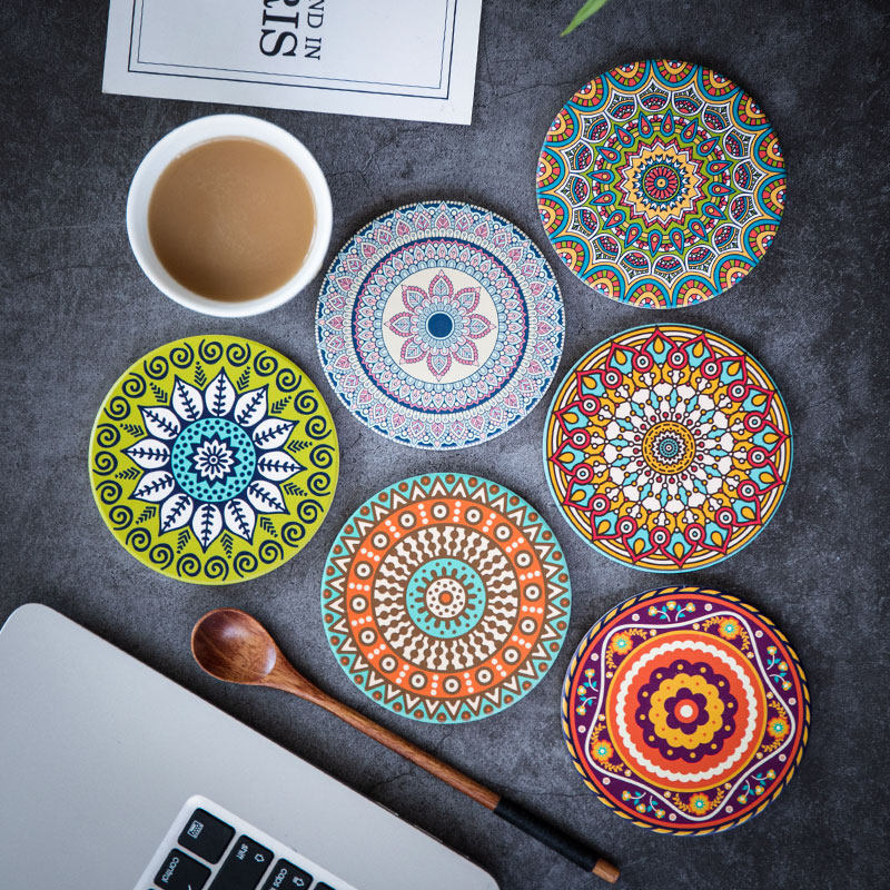 Sunlight mandala Ceramic Mandala Round Tea Coaster Heat-Resistant Table Mat