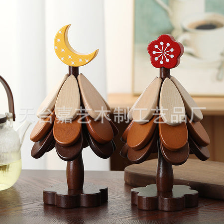 Yellow moon Christmas Tree Wooden Heat Insulation Mat Foldable Tea & Pot Coaster