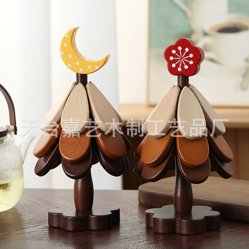 Yellow moon Christmas Tree Wooden Heat Insulation Mat Foldable Tea & Pot Coaster
