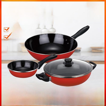 T0933t/color bag Three-Piece Cookware Set – Nonstick Wok Set for Gas Stove Use