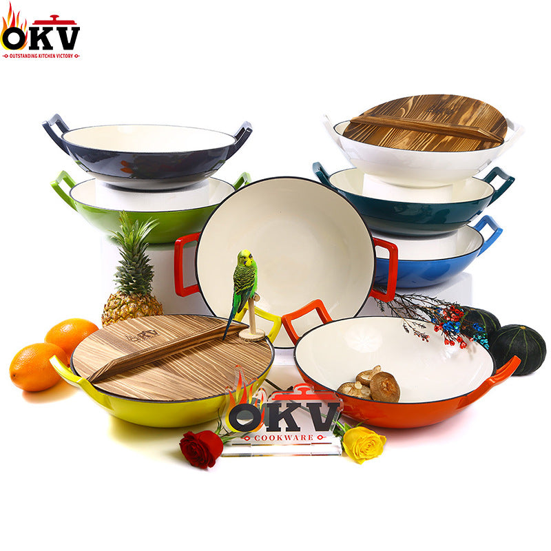 Enamel Cast Iron 36cm Double-Ear Wok with Wooden Lid Universal