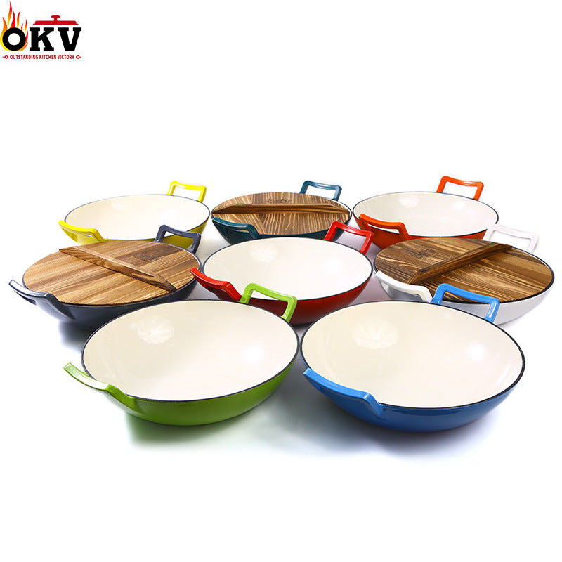 Grass green Enamel Cast Iron 36cm Double-Ear Wok with Wooden Lid Universal Cookware